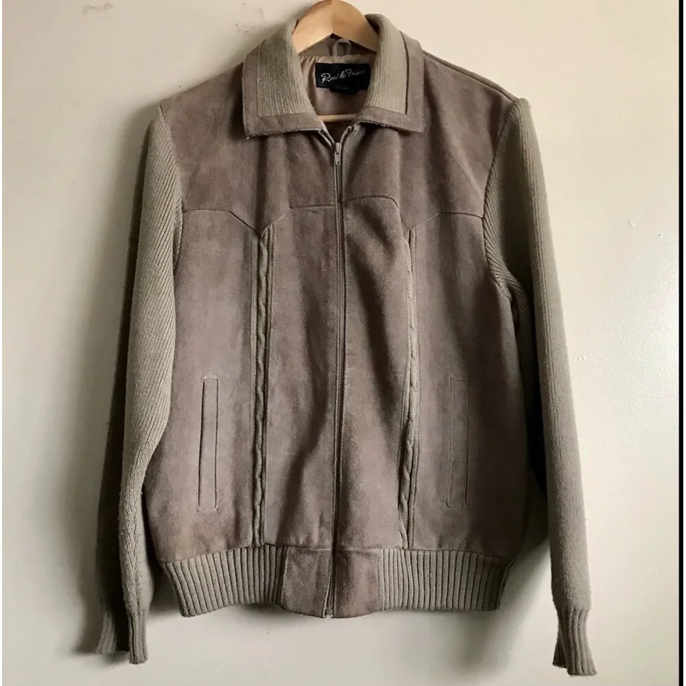 Vintage Rene De France‎ Front Suede Sweater Mens Size XL